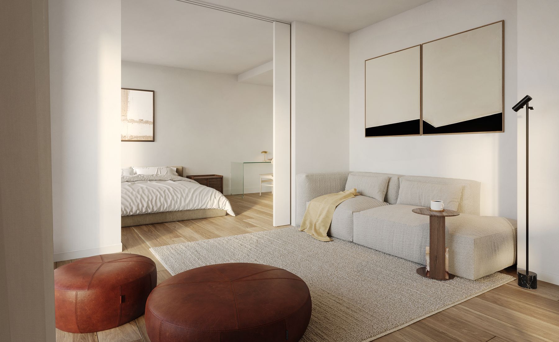 Quarto e sala com pufes em pele