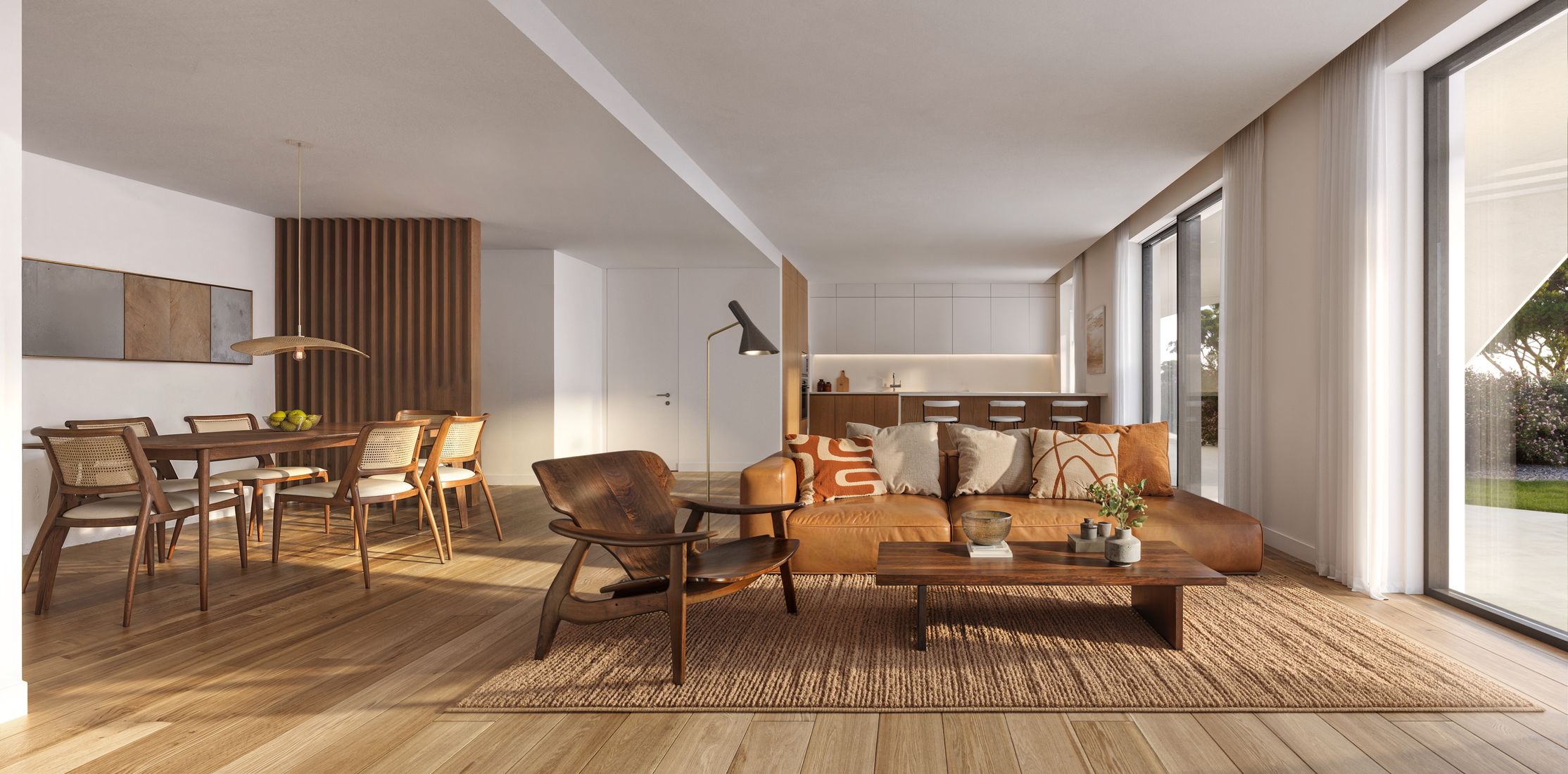 Sala de estar com mobiliário em madeira