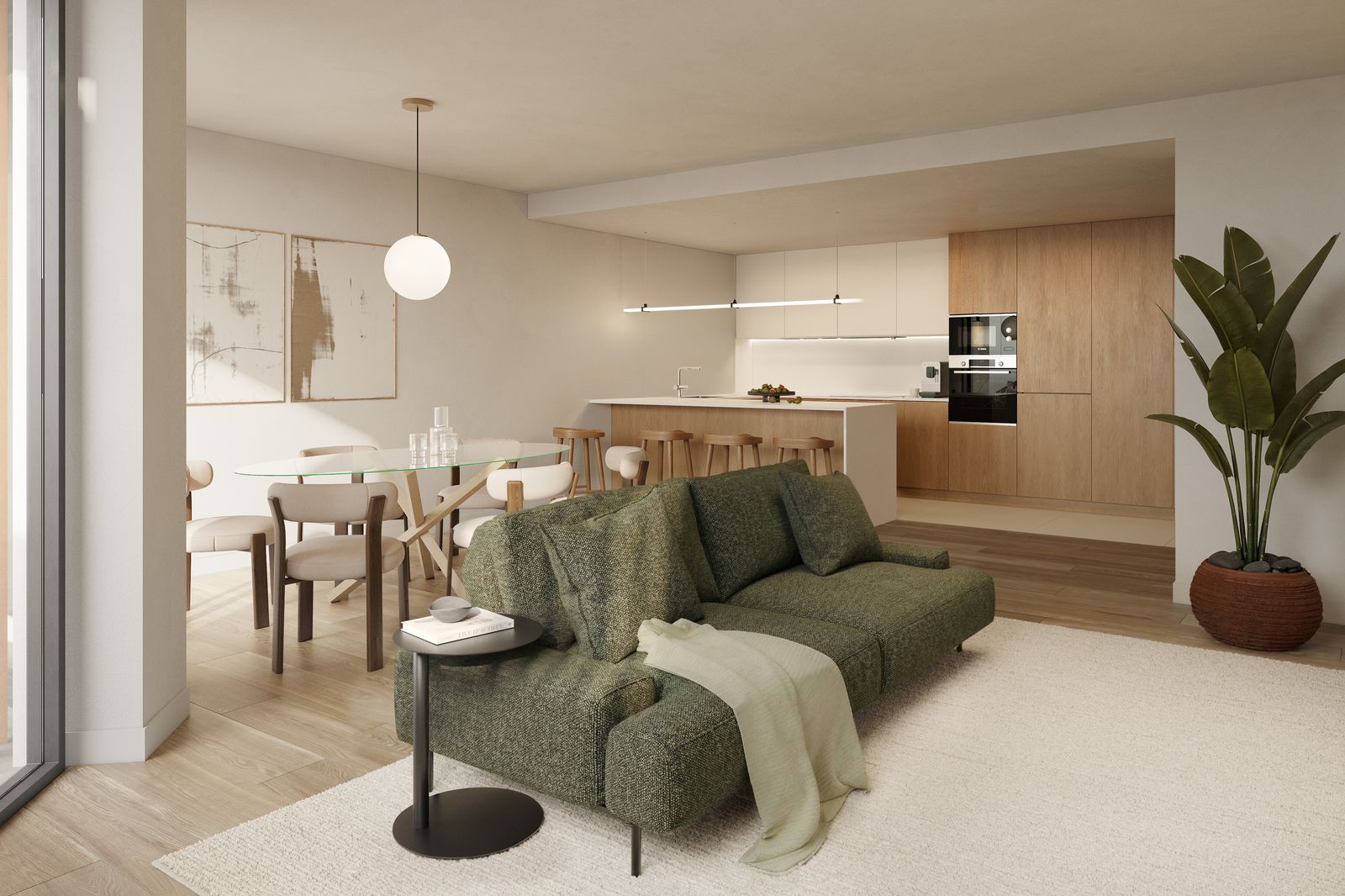 Sala e cozinha de um apartamento T2